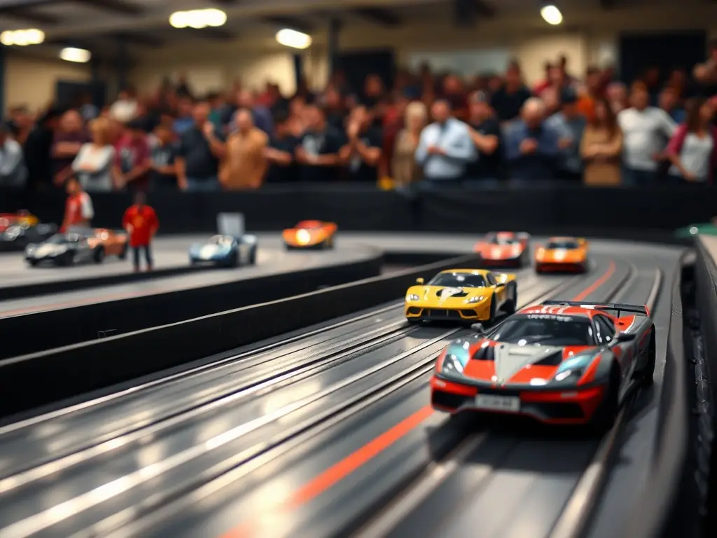 A dynamic shot of a radio-controlled car race in progress, capturing the speed, competition, and excitement of the event.