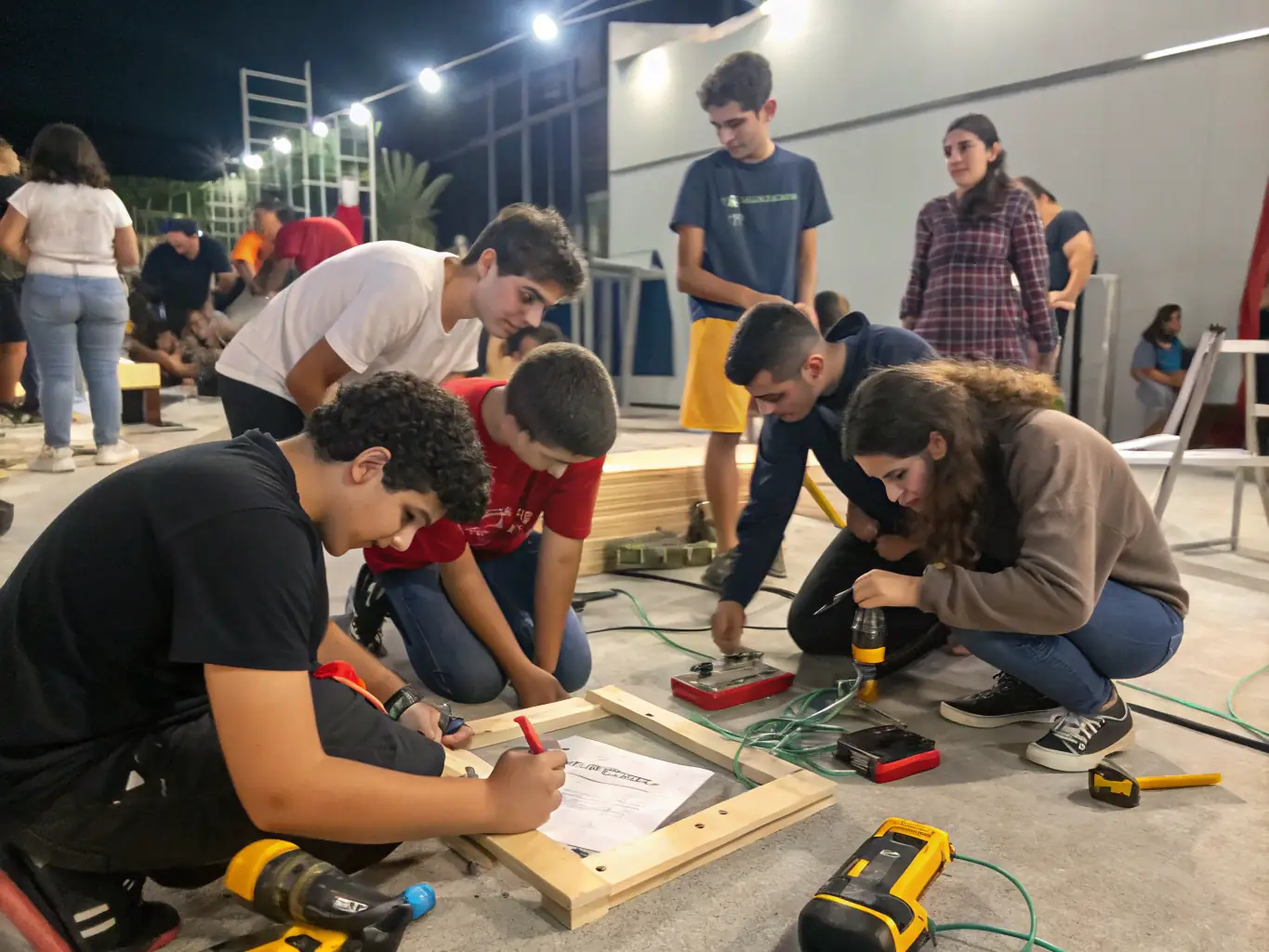 A photograph of participants gathered around a table, working on and customizing their radio-controlled cars, highlighting the technical aspects of the hobby.
