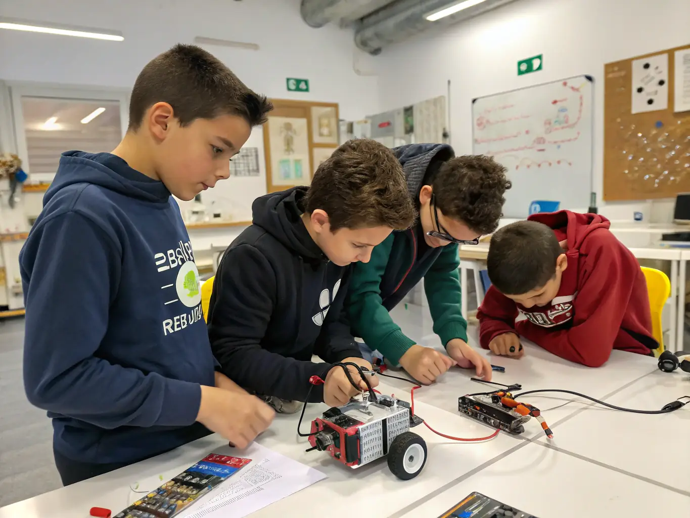 A group of young participants enthusiastically working on their radio-controlled cars during a beginner's workshop, showcasing the hands-on learning experience.